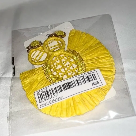 Women’s Statement Raffia Tassel Earrings Boho Dangle Drop Yellow - Picture 6 of 6